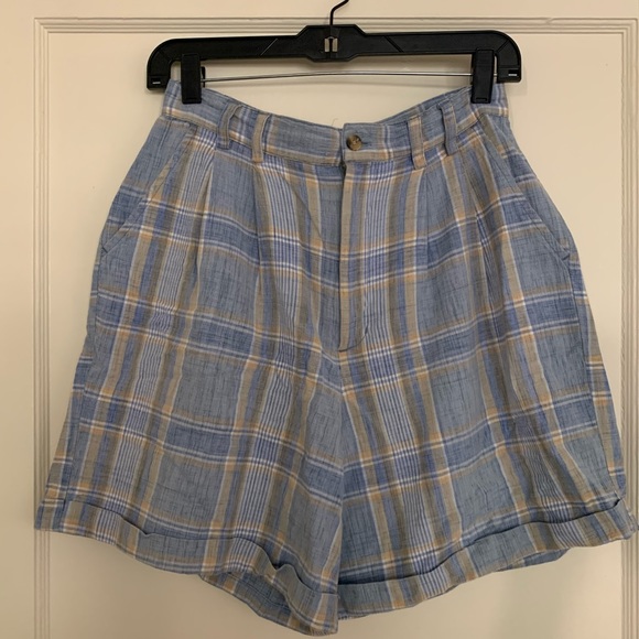 High-waisted blue plaid summer shorts - Picture 1 of 4
